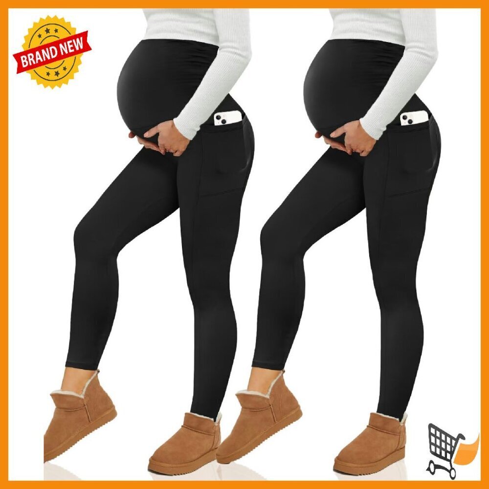 Fleece-Lined Maternity Leggings with Pockets - Small Size